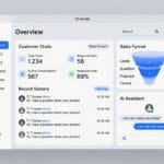 Business owner using WhatsApp Business automation dashboard with customer chats, sales funnel and AI assistant