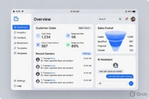 Business owner using WhatsApp Business automation dashboard with customer chats, sales funnel and AI assistant