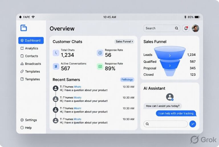 Business owner using WhatsApp Business automation dashboard with customer chats, sales funnel and AI assistant