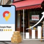 Local shop owner growing business with digital marketing, smartphone, Google Maps location pin, customer reviews, sales growth chart and online orders