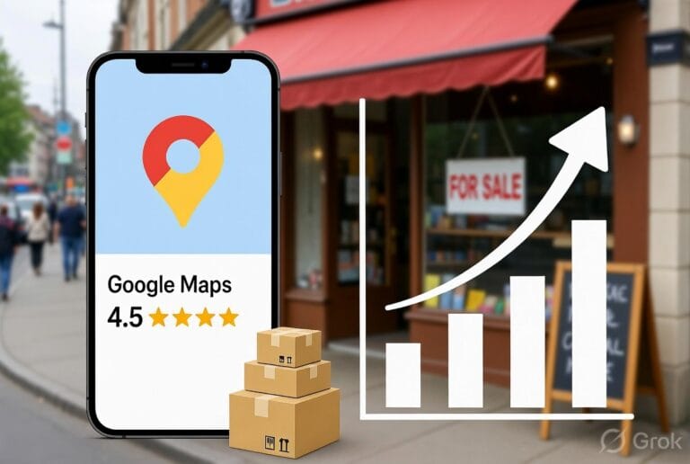 Local shop owner growing business with digital marketing, smartphone, Google Maps location pin, customer reviews, sales growth chart and online orders