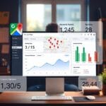 Local shop owner ranking on Google Maps with SEO dashboard, map pins, customer reviews and business growth analytics