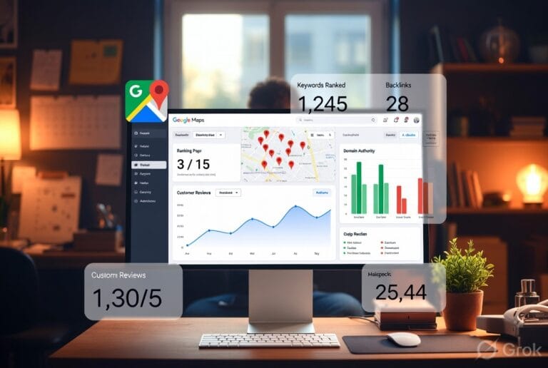 Local shop owner ranking on Google Maps with SEO dashboard, map pins, customer reviews and business growth analytics
